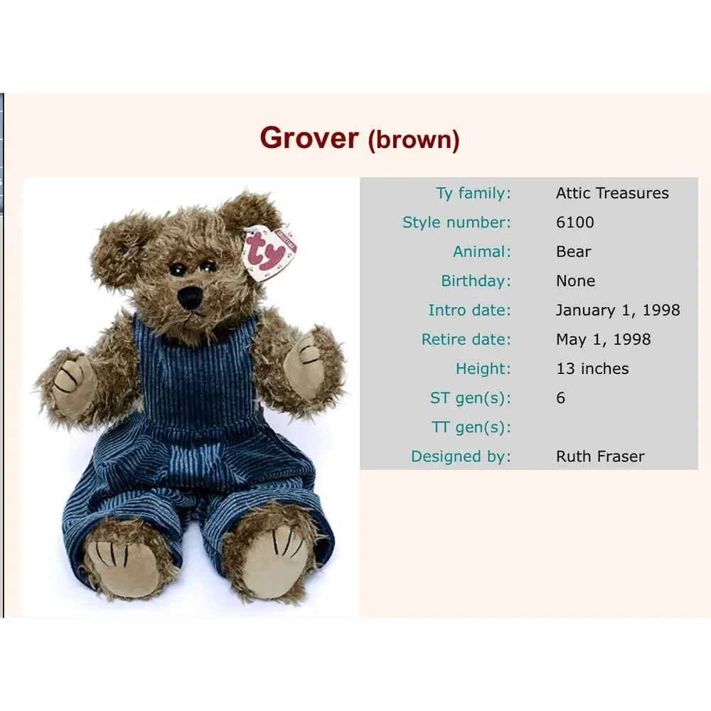 Ty Attic Treasures Grover Bear,1993 version scruffy brown fur blue  overalls
